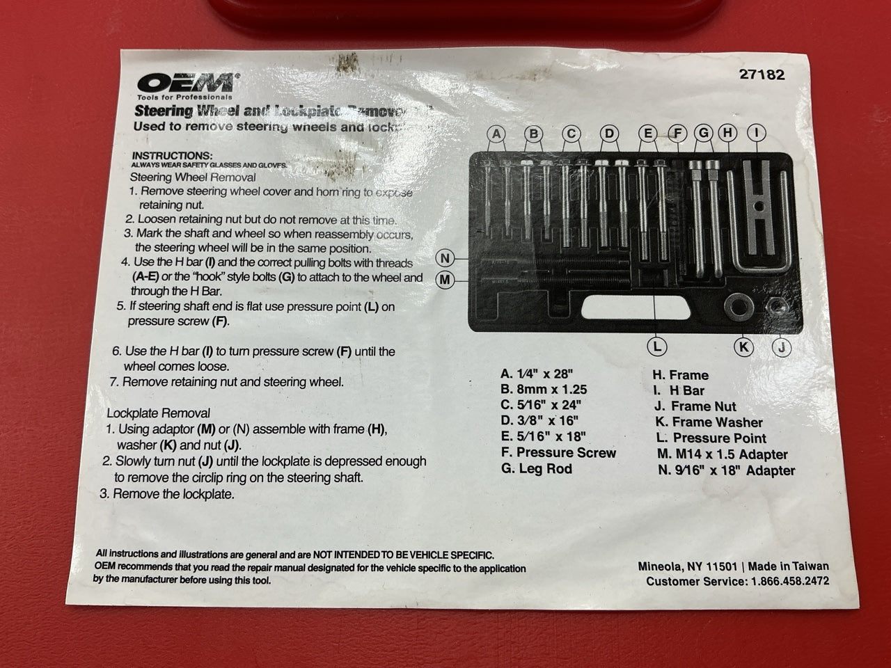 USED #35 - OEM TOOLS 27182 Steering Wheel Puller Set Removal Kit Lock Plate Tool