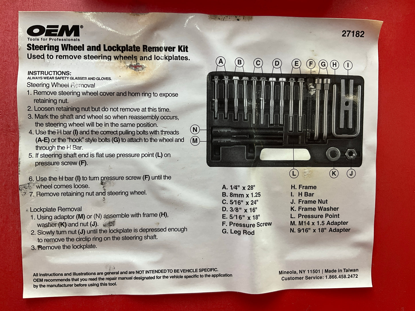 USED #37 - OEM TOOLS 27182 Steering Wheel Puller Set Removal Kit Lock Plate Tool
