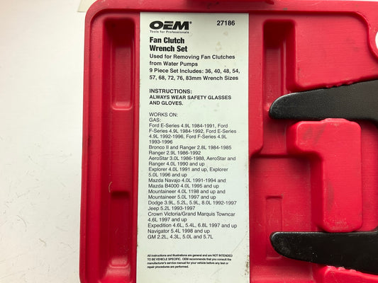 USED #12 OEM Tools 27186 9 Size Fan Clutch Wrench Set Remove From Water Pump