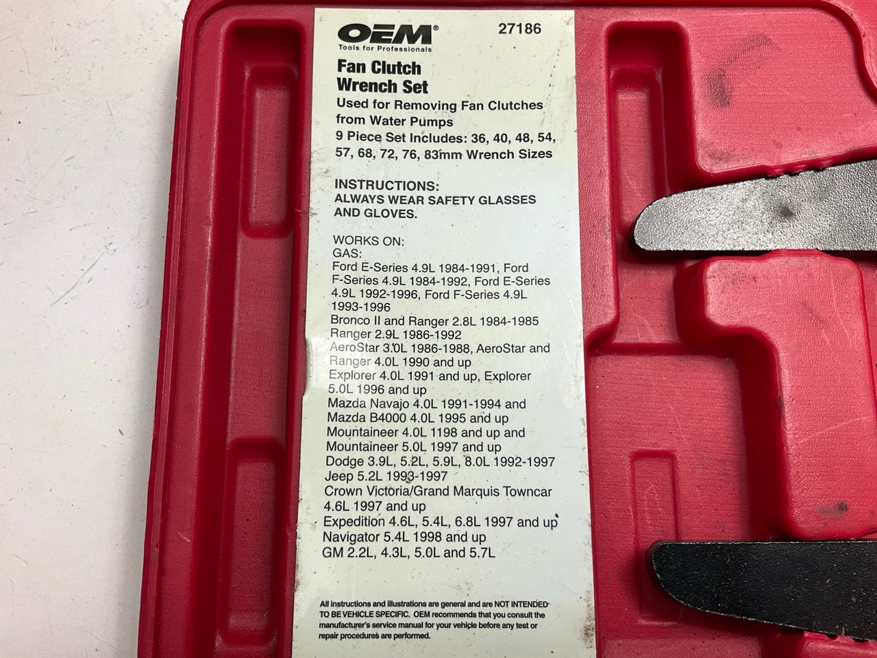 USED #17 OEM Tools 27186 9 Size Fan Clutch Wrench Set Remove From Water Pump