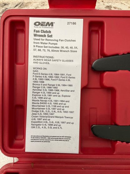 USED #1 OEM Tools 27186 5-PC 9 Size Fan Clutch Wrench Set Remove From Water Pump