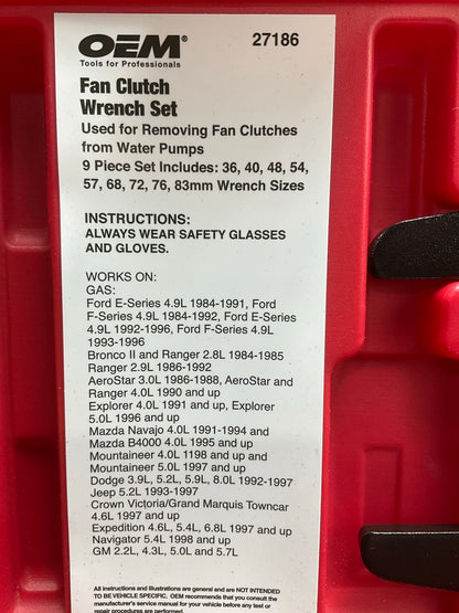 USED #21 OEM Tools 27186 9 Size Fan Clutch Wrench Set Remove From Water Pump
