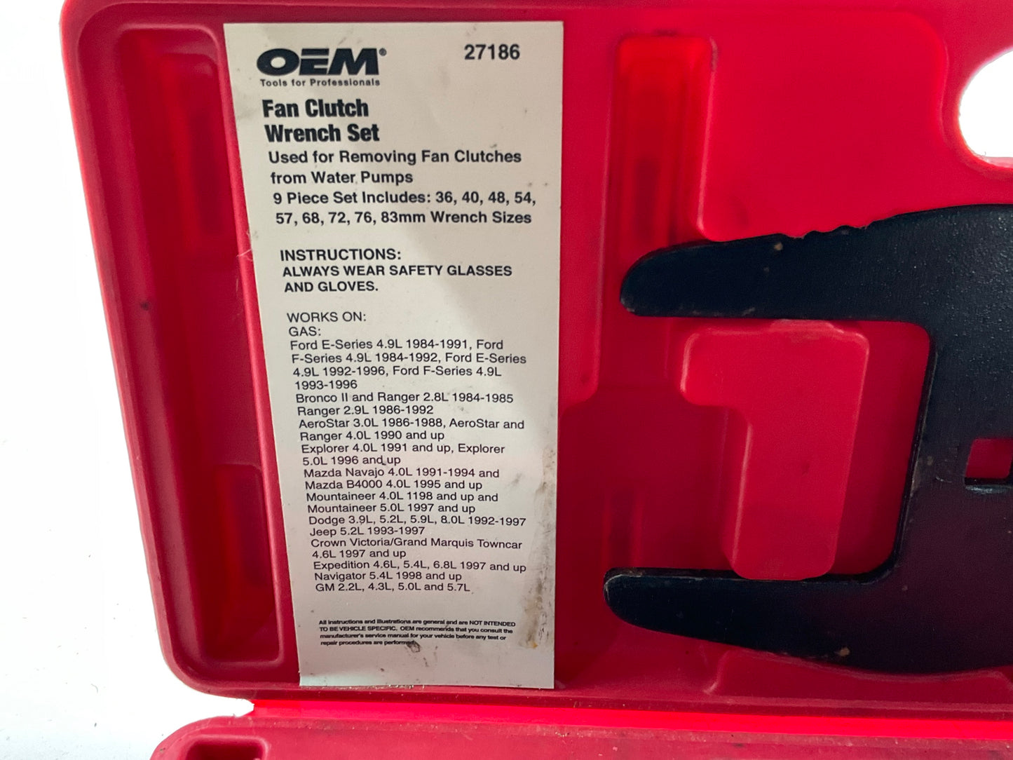 USED #28 OEM Tools 27186 9 Size Fan Clutch Wrench Set Remove From Water Pump