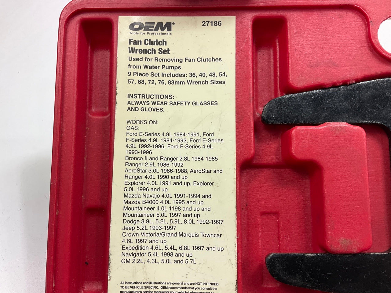 USED #33 OEM Tools 27186 9 Size Fan Clutch Wrench Set Remove From Water Pump