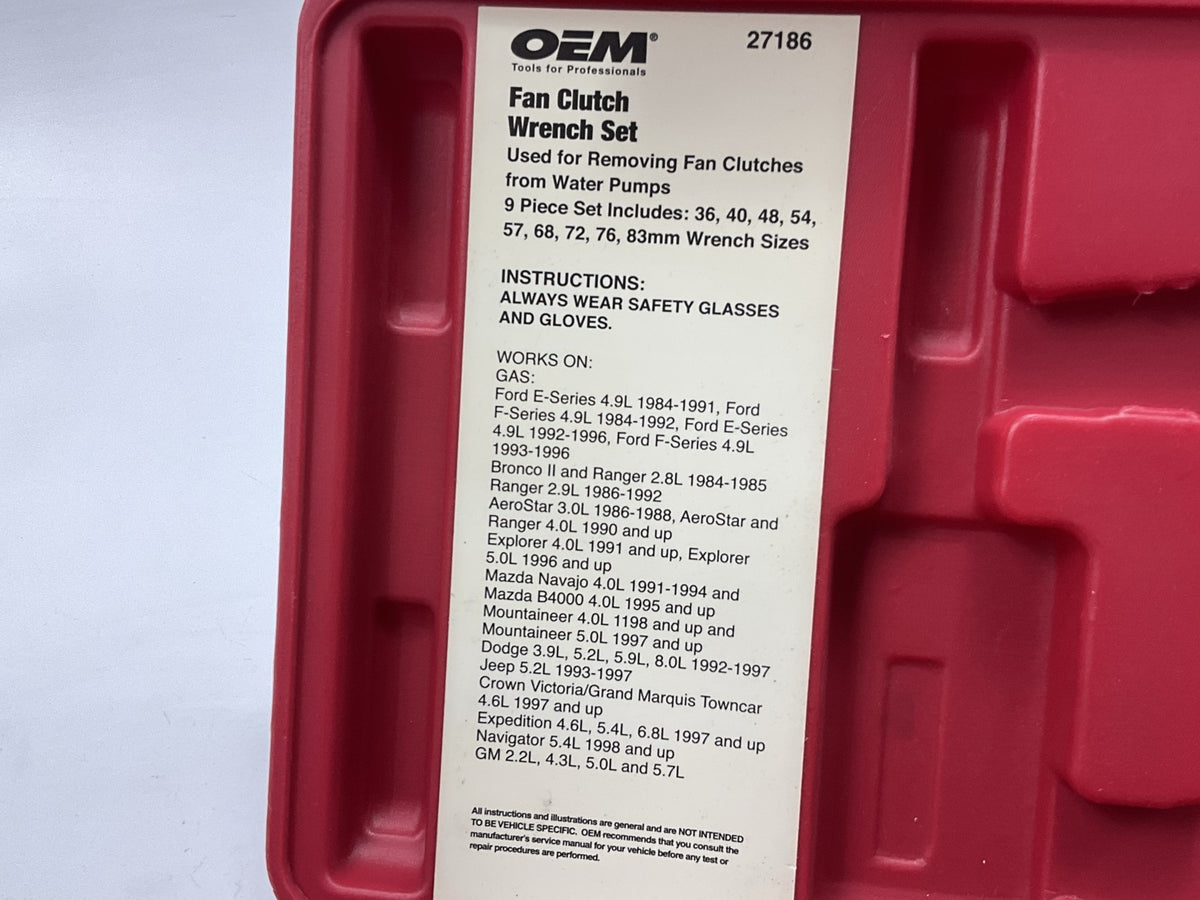 USED #43 OEM Tools 27186 9 Size Fan Clutch Wrench Set Remove From Water Pump