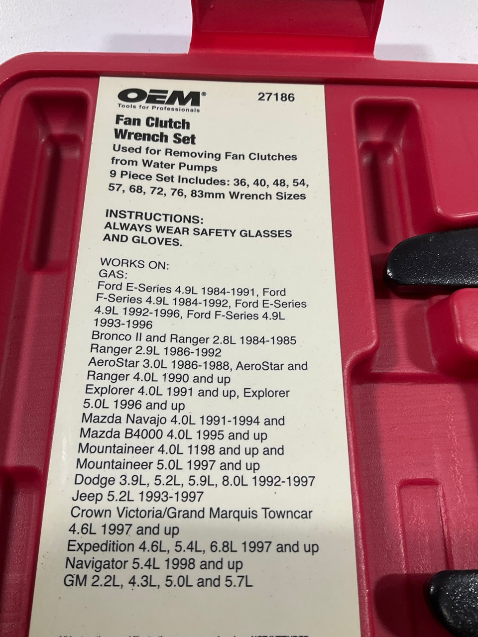 USED #1 OEM Tools 27186 9 Size Fan Clutch Wrench Set Remove From Water Pump
