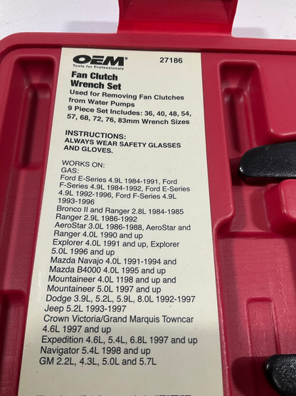 USED #1 OEM Tools 27186 9 Size Fan Clutch Wrench Set Remove From Water Pump