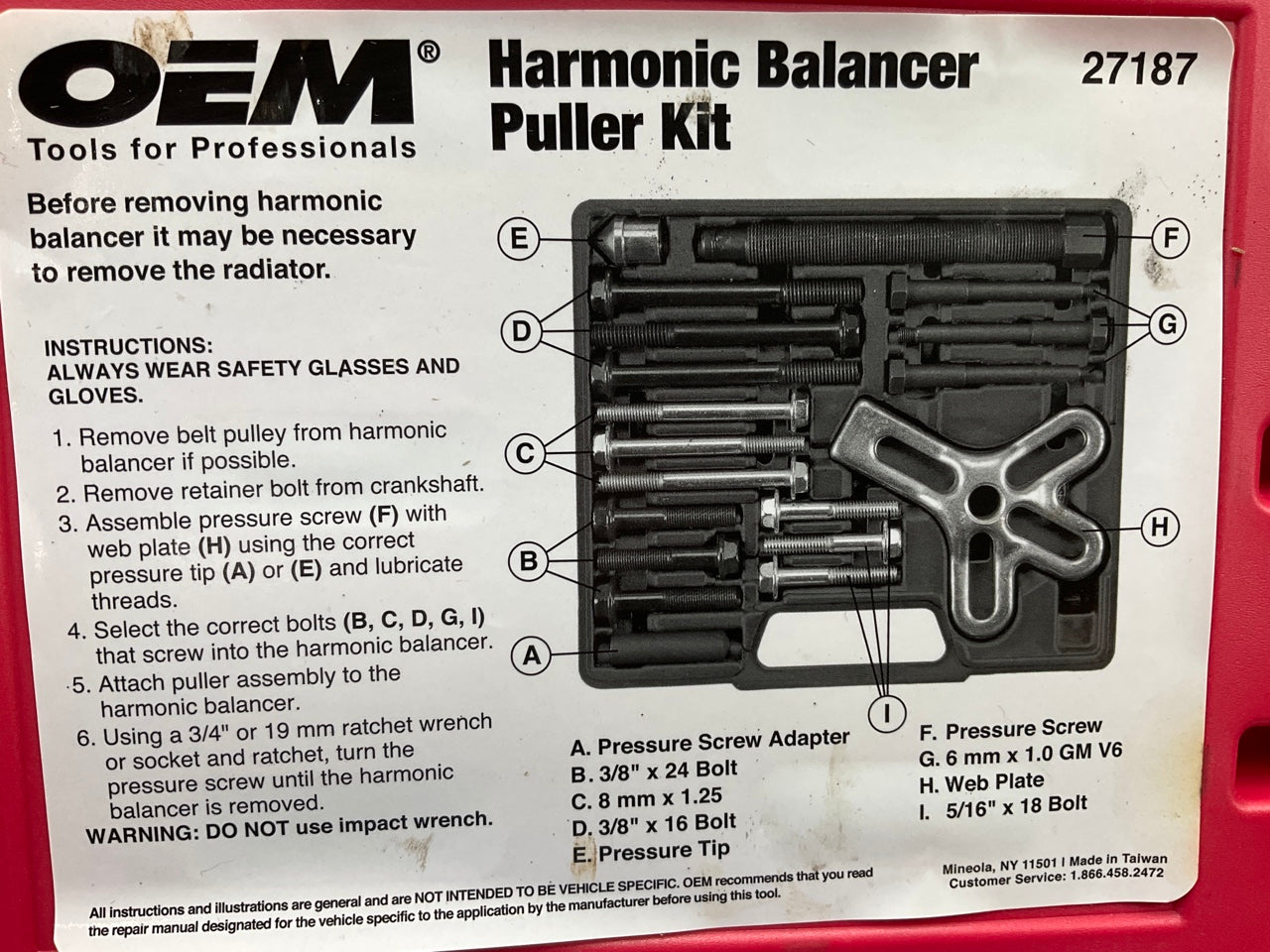 USED #6 - OEM TOOLS 27187 Harmonic Balancer Puller Tool Kit Set