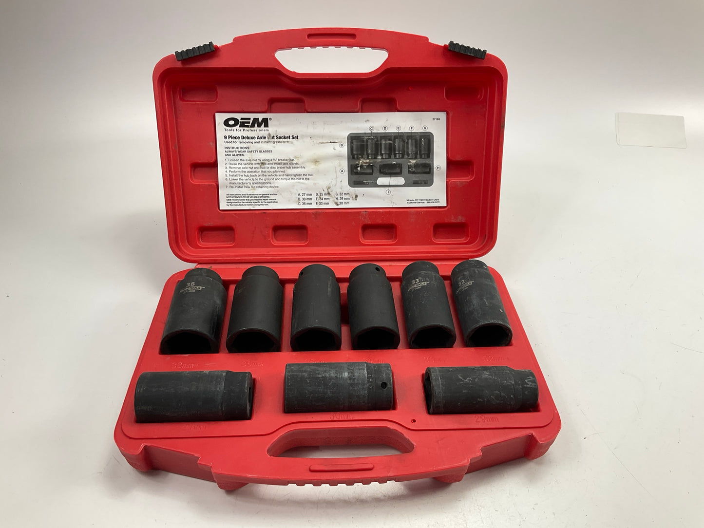 USED #16 OEM Tools 27188 Axle Nut Socket Set - 9 Piece 6 Pt 1/2 Drive Impact
