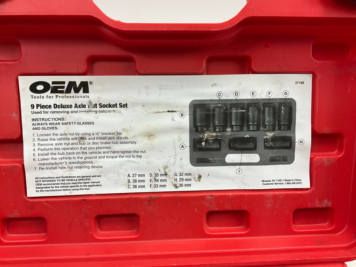 USED #16 OEM Tools 27188 Axle Nut Socket Set - 9 Piece 6 Pt 1/2 Drive Impact