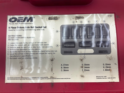USED 18 OEM Tools 27188 Deluxe Axle Nut Socket Set 9 Piece 6 Pt 1/2 Drive Impact