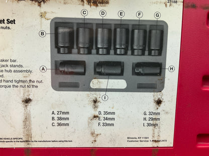 USED #20 OEM Tools 27188 Axle Nut Socket Set - 9 Piece 6 Pt 1/2 Drive Impact