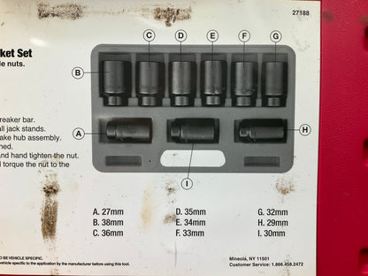USED #21 OEM Tools 27188 Axle Nut Socket Set - 9 Piece 6 Pt 1/2 Drive Impact