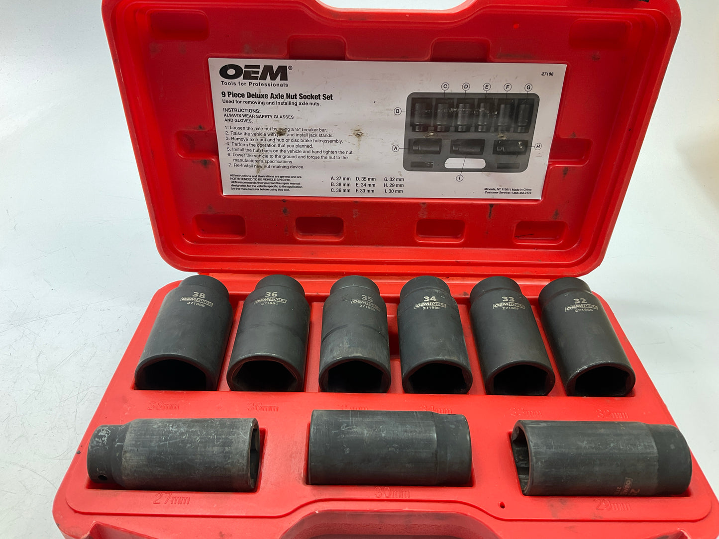 USED #22 OEM Tools 27188 Axle Nut Socket Set - 9 Piece 6 Pt 1/2 Drive Impact