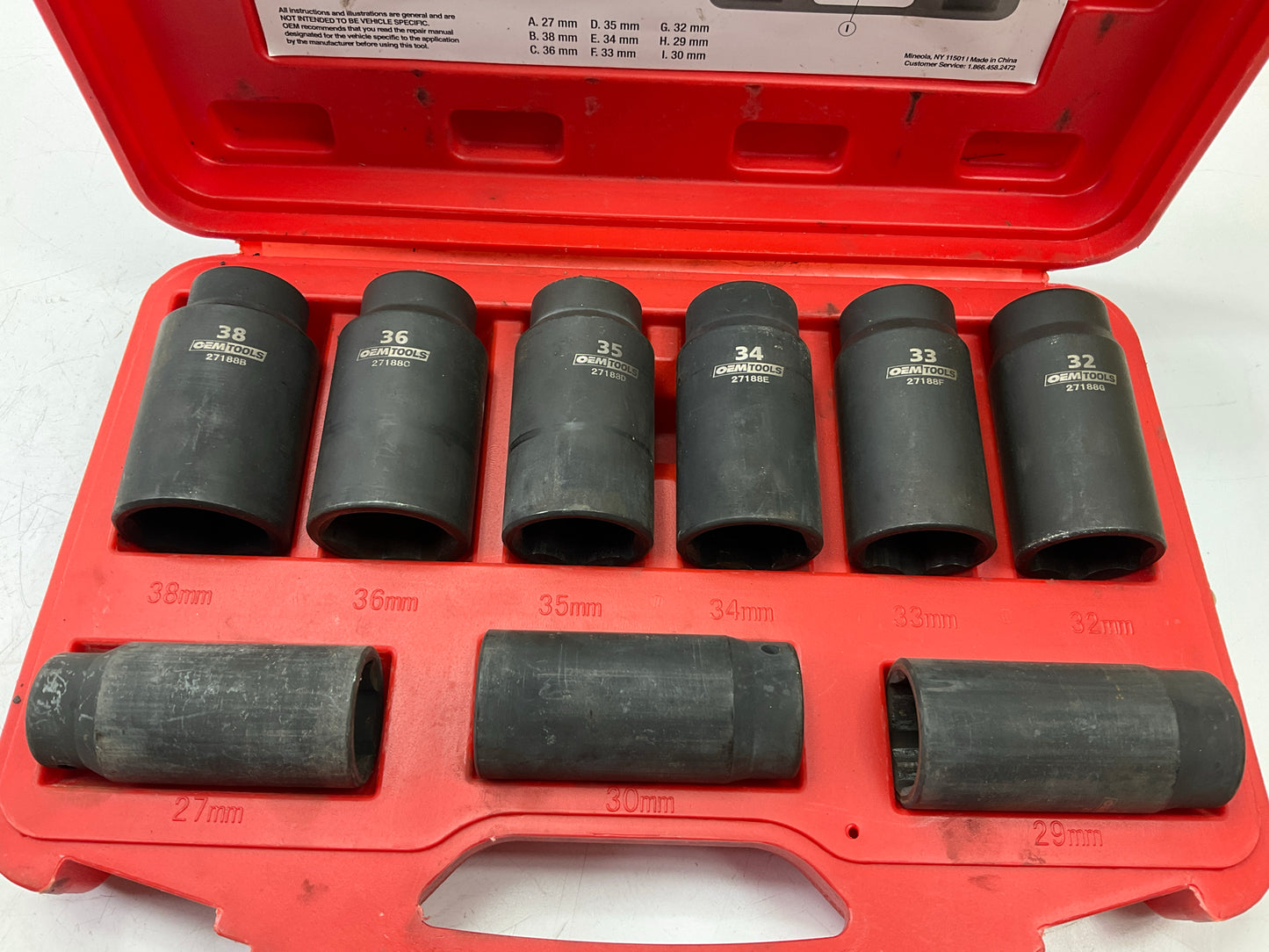 USED #22 OEM Tools 27188 Axle Nut Socket Set - 9 Piece 6 Pt 1/2 Drive Impact