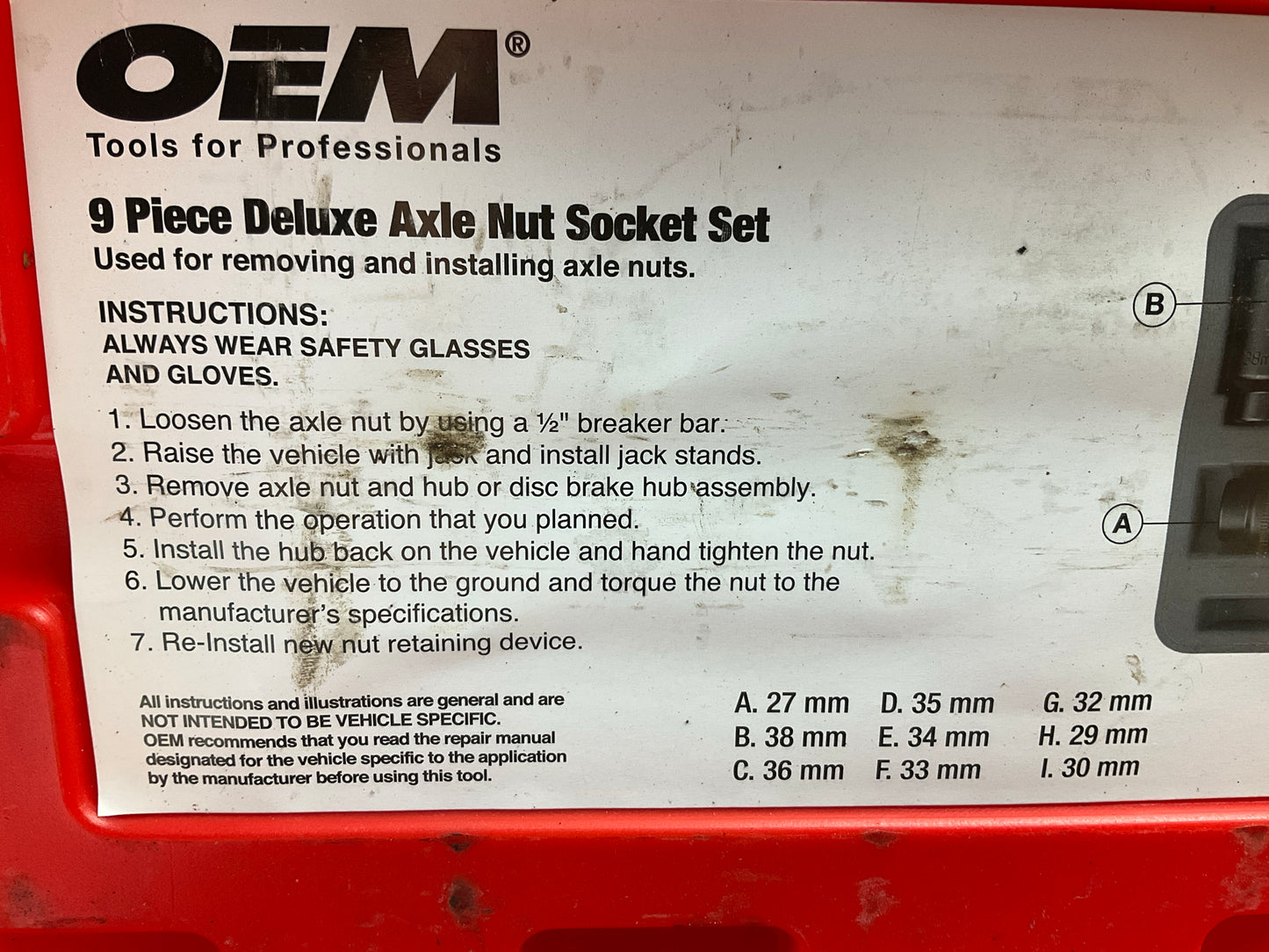 USED #22 OEM Tools 27188 Axle Nut Socket Set - 9 Piece 6 Pt 1/2 Drive Impact