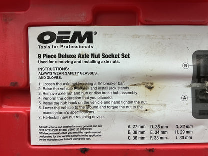 USED #23 OEM Tools 27188 Axle Nut Socket Set - 9 Piece 6 Pt 1/2 Drive Impact