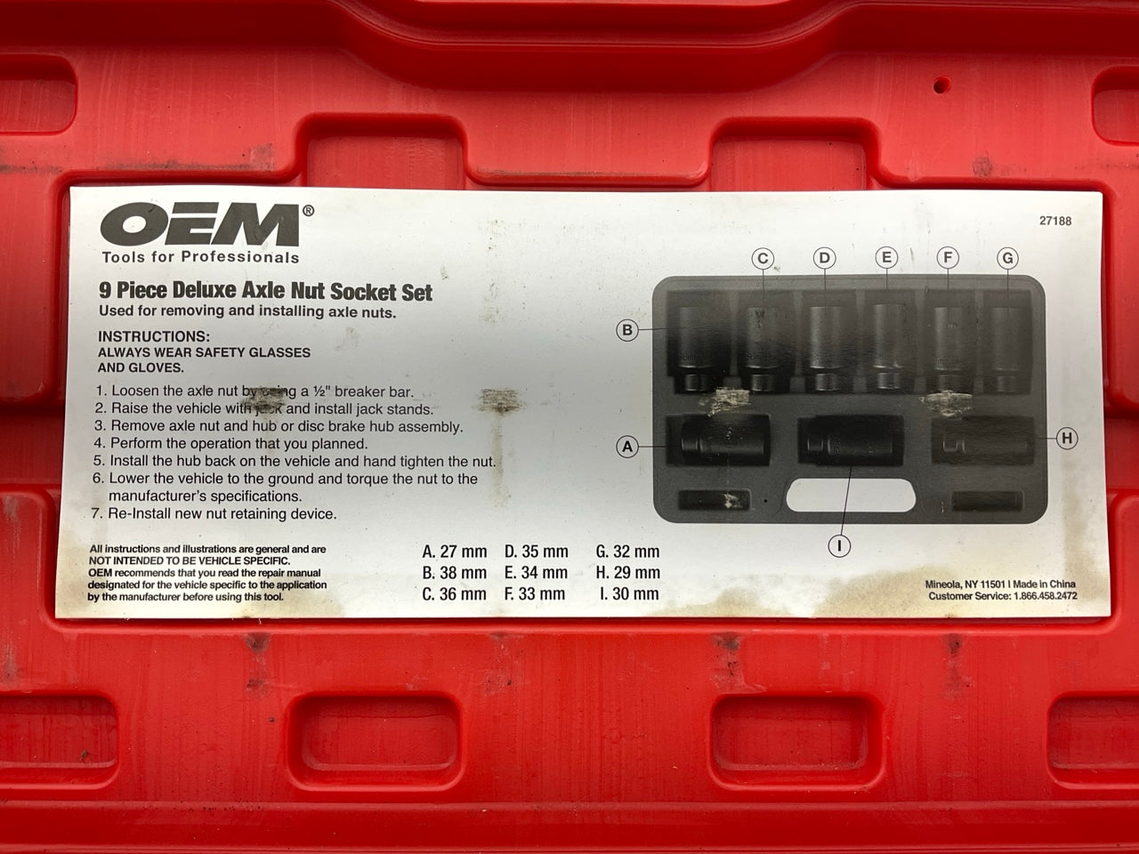 USED 24 OEM Tools 27188 Deluxe Axle Nut Socket Set 9 Piece 6 Pt 1/2 Drive Impact