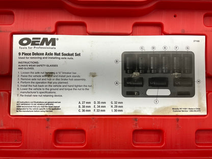 USED 24 OEM Tools 27188 Deluxe Axle Nut Socket Set 9 Piece 6 Pt 1/2 Drive Impact