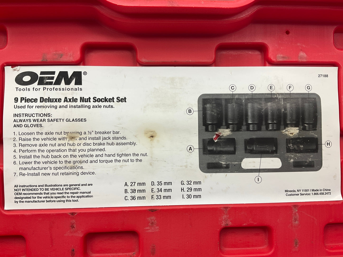 USED #25 - OEM Tools 27188 Axle Nut Socket Set - 9 Piece 6 Pt 1/2'' Drive Impact