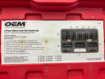 USED #25 - OEM Tools 27188 Axle Nut Socket Set - 9 Piece 6 Pt 1/2'' Drive Impact