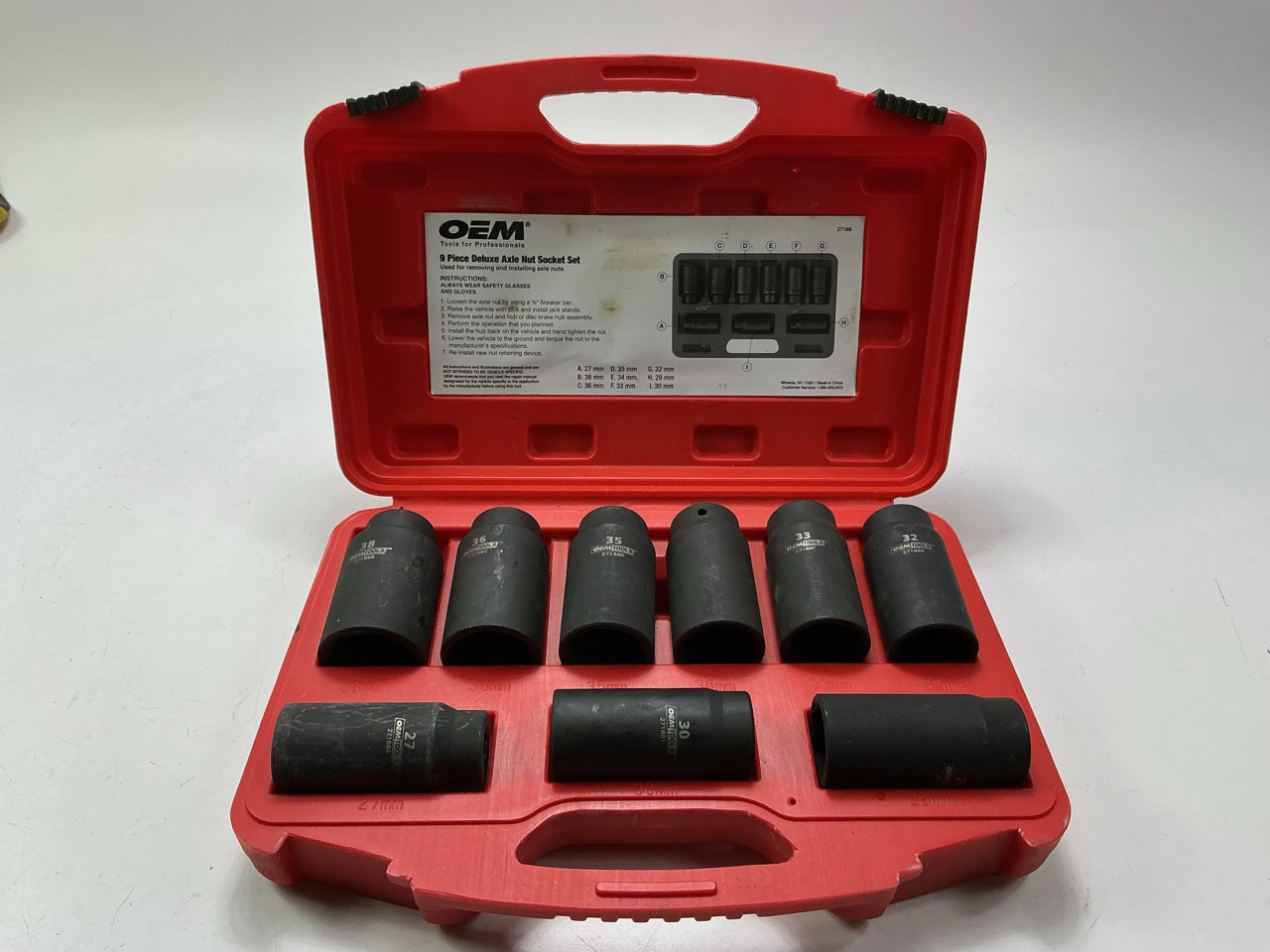 USED #26 OEM Tools 27188 Axle Nut Socket Set - 9 Piece 6 Pt 1/2 Drive Impact