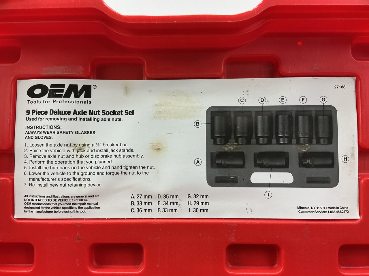 USED #26 OEM Tools 27188 Axle Nut Socket Set - 9 Piece 6 Pt 1/2 Drive Impact