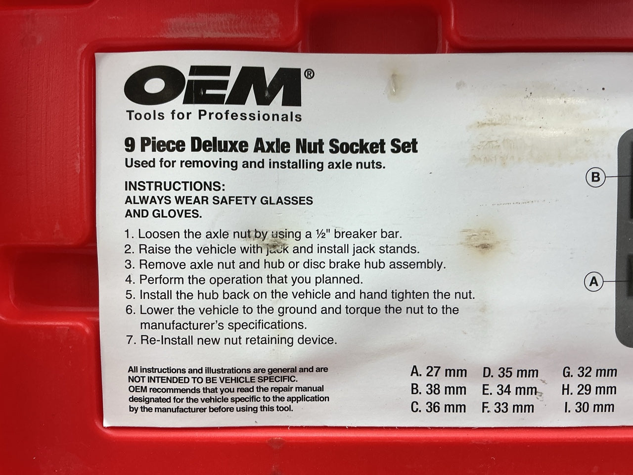 USED #26 OEM Tools 27188 Axle Nut Socket Set - 9 Piece 6 Pt 1/2 Drive Impact