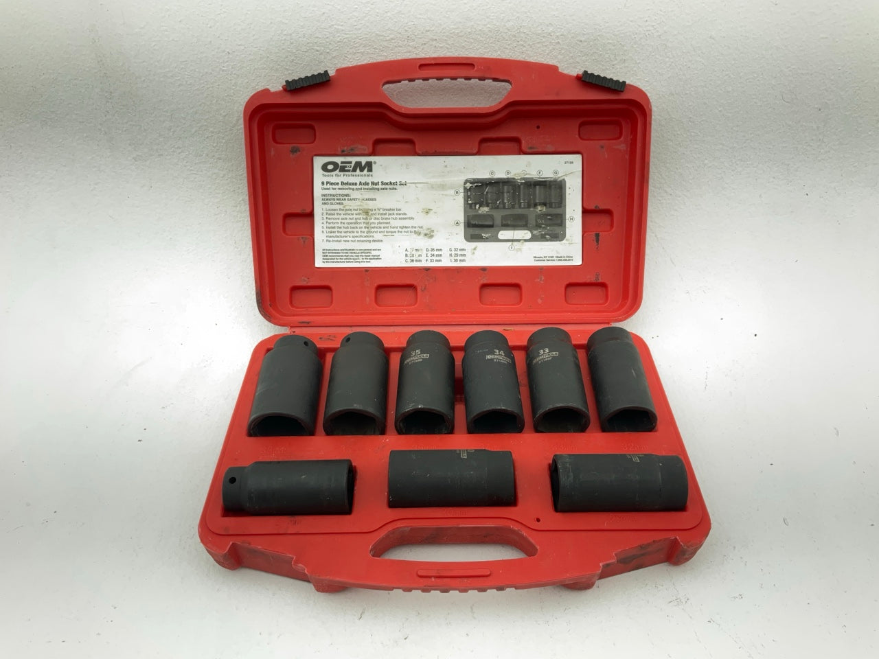 USED 29 OEM Tools 27188 Deluxe Axle Nut Socket Set 9 Piece 6 Pt 1/2 Drive Impact