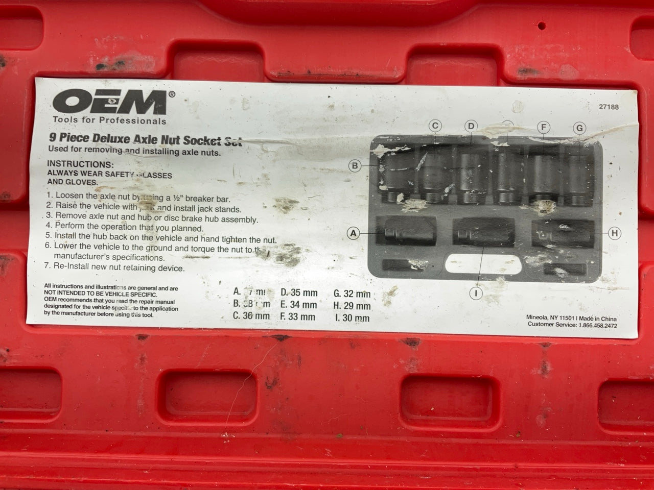 USED 29 OEM Tools 27188 Deluxe Axle Nut Socket Set 9 Piece 6 Pt 1/2 Drive Impact