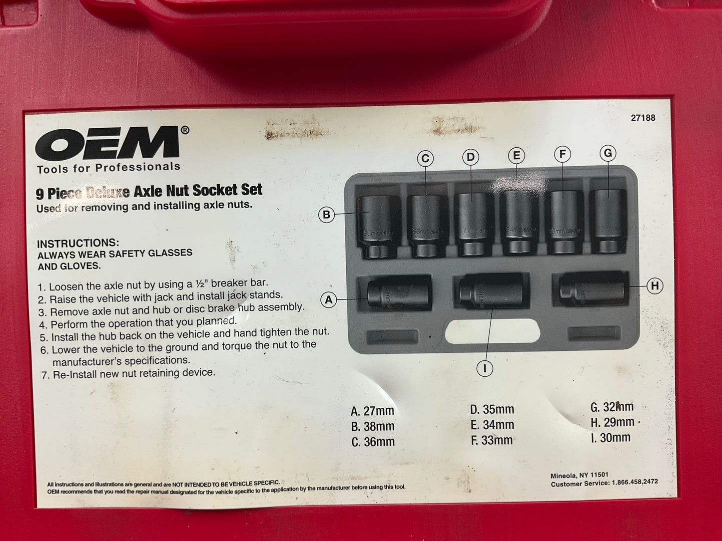 USED #30 OEM Tools 27188 Axle Nut Socket Set - 9 Piece 6 Pt 1/2 Drive Impact