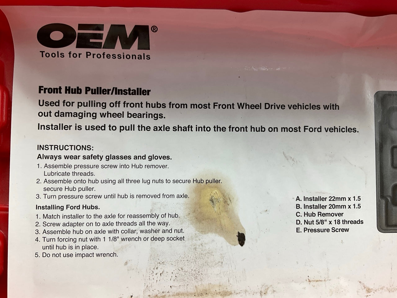 USED #20 OEM Tools 27192 Front Hub Puller Installer Front Wheel Drive Axle Shaft