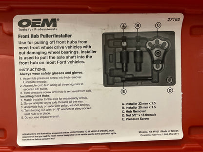 OEM TOOLS 27192 Front Hub Puller / Installer Tool Set Front Wheel Drive Axle FWD