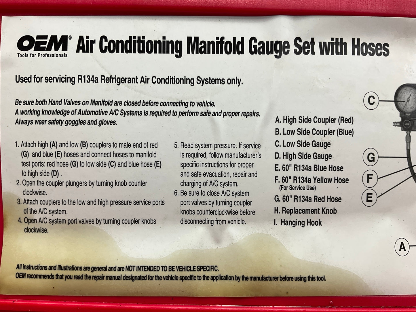 USED #4 OEM TOOLS 134 A/C Manifold Gauge Set With Hoses (Heavy Duty Brass Body)