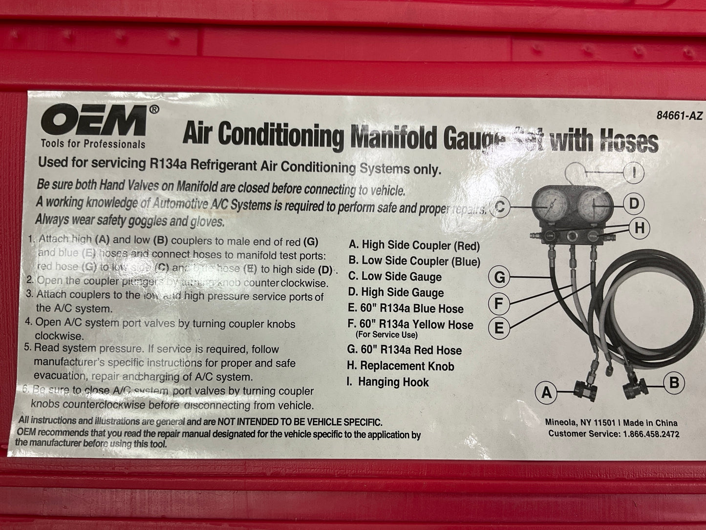 USED #5 OEM TOOLS 134 A/C Manifold Gauge Set With Hoses (Heavy Duty Brass Body)