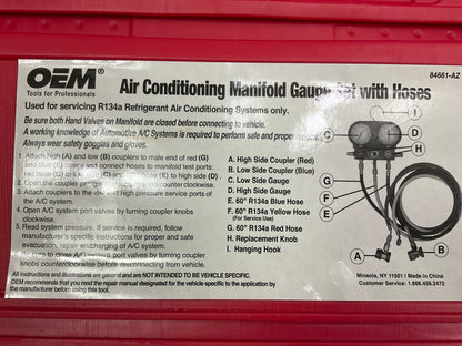 USED #5 OEM TOOLS 134 A/C Manifold Gauge Set With Hoses (Heavy Duty Brass Body)