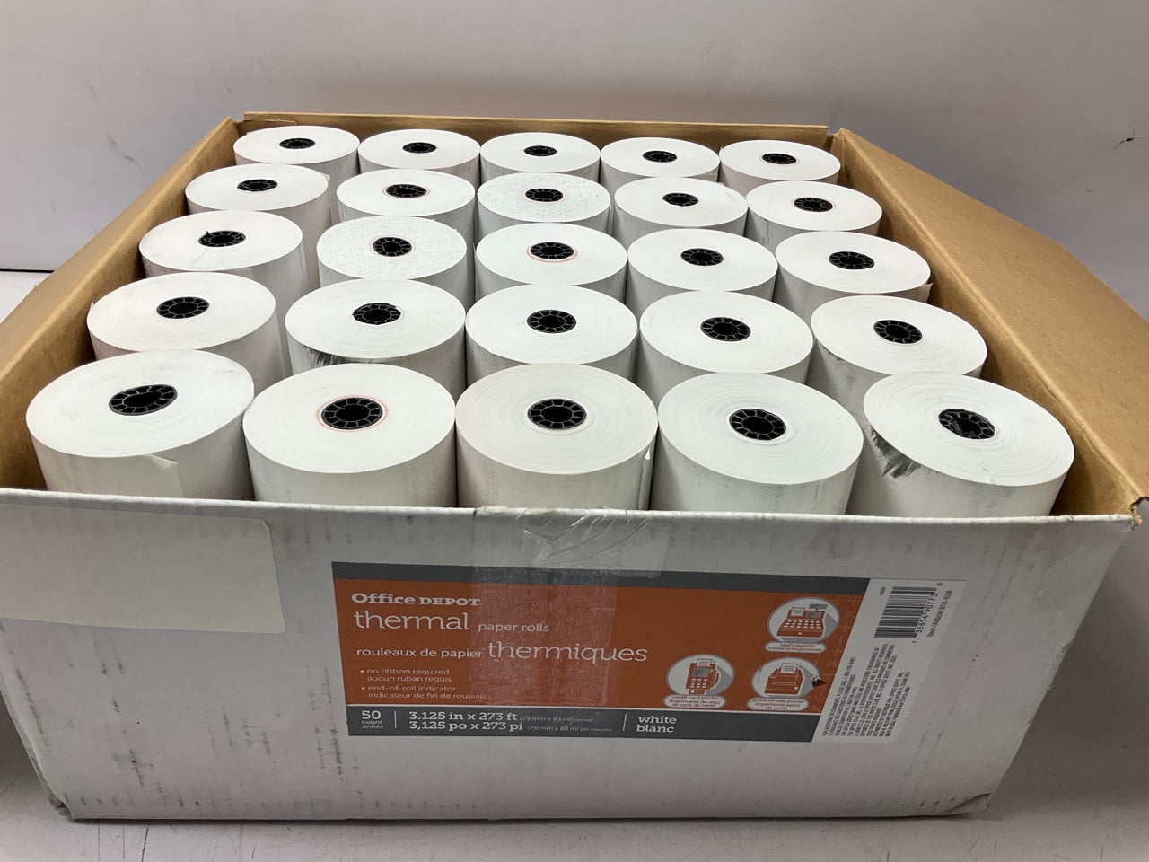 Office Depot 818638 Thermal Paper Rolls, 3-1/8'' X 273', White, Carton Of 50