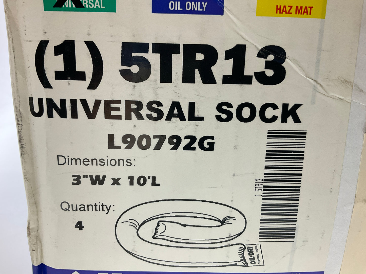 OIL-DRI 5TR13 L90792 Liquid Absorbent Sock 10 Gallon 120 Inch Length, Pack Of 4