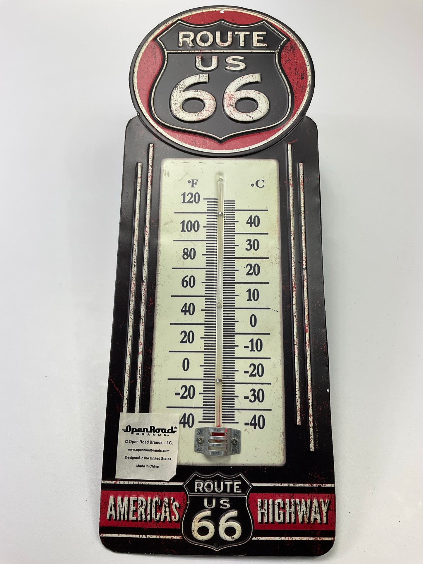 Open Road 90146334-S Rustic Style Metal Route 66 Wall Thermometer 11.5'' X 4''