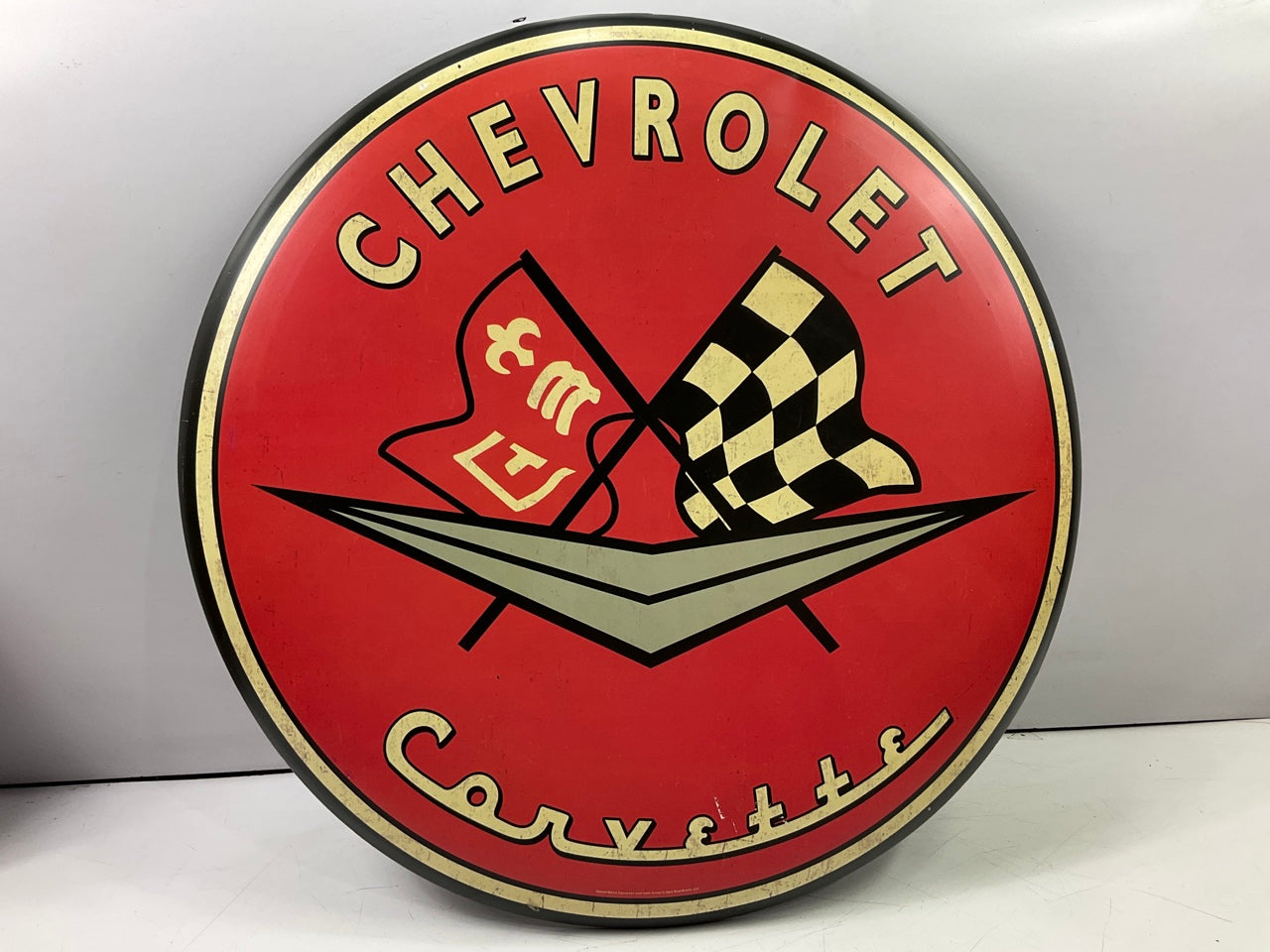 C1 Chevy Corvette 24'' Diameter Tin Metal Garage Sign Man Cave Art Chevy W/ Flag