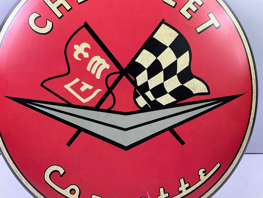C1 Chevy Corvette 24'' Diameter Tin Metal Garage Sign Man Cave Art Chevy W/ Flag
