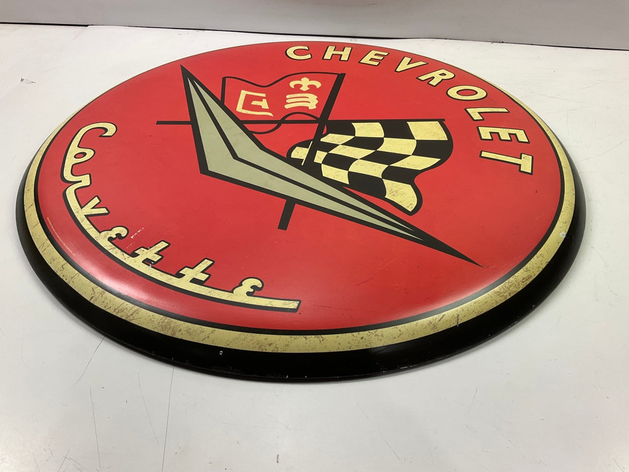C1 Chevy Corvette 24'' Diameter Tin Metal Garage Sign Man Cave Art Chevy W/ Flag