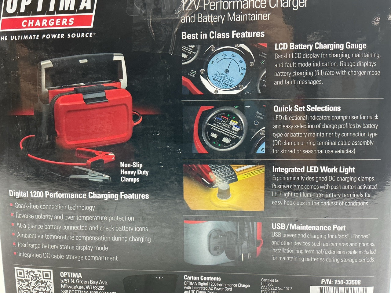Optima 150-34178 High-Efficiency 12 Amp Digital 1200 Battery Charger, 12 Amp