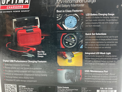 Optima 150-34178 High-Efficiency 12 Amp Digital 1200 Battery Charger, 12 Amp