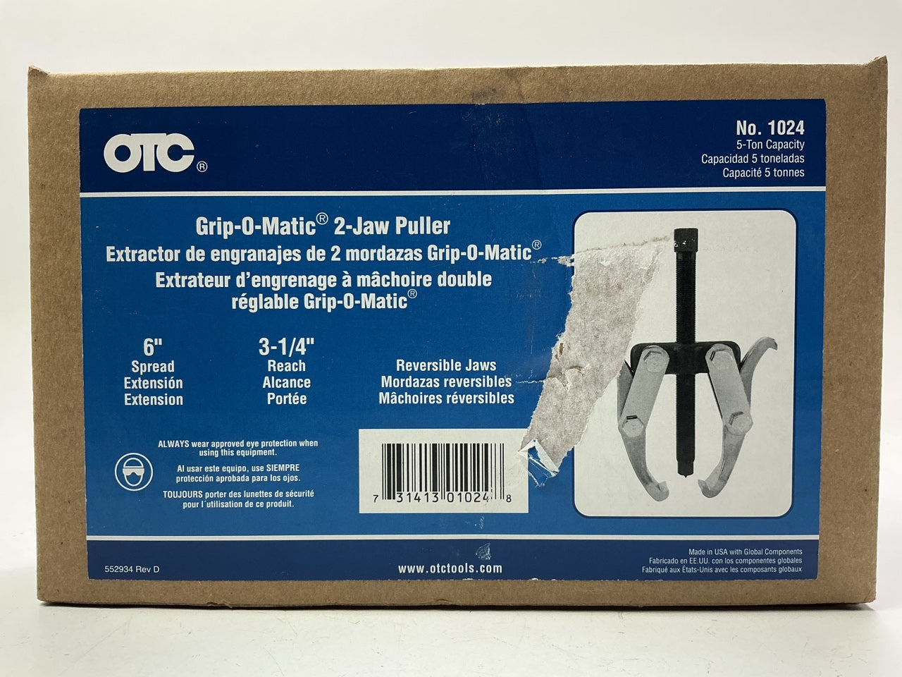 OTC 1024 5 Ton 2 Jaw Reversing Puller Reach 3-1/4, Spread 6''