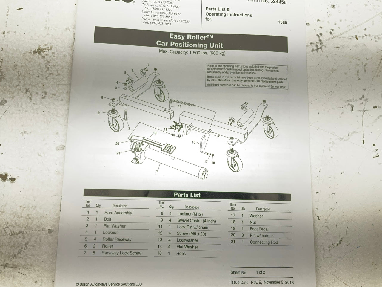 OTC 1580 Easy Roller 1,500lb Capacity Vehicle Dolly