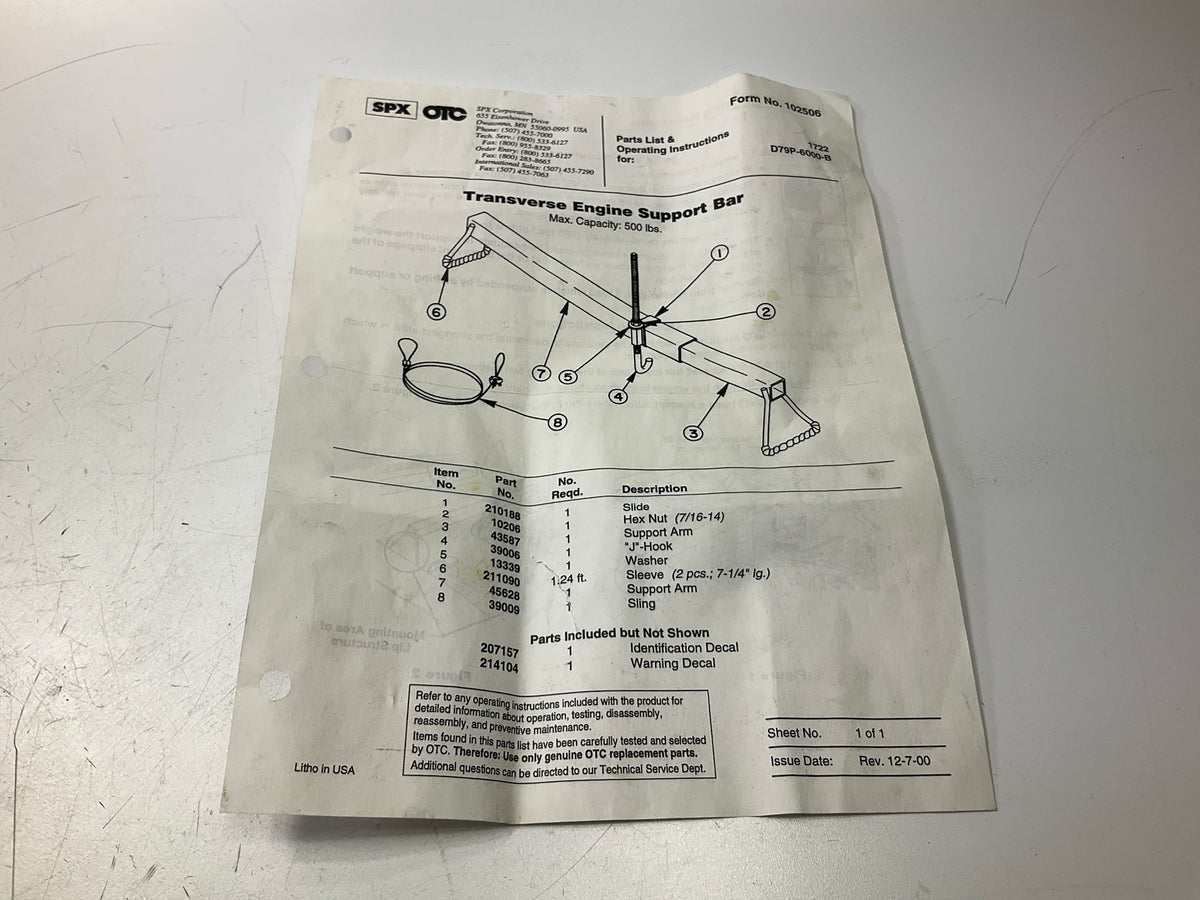 OTC 1722 Transverse Engine Support Bar - 500 Lbs