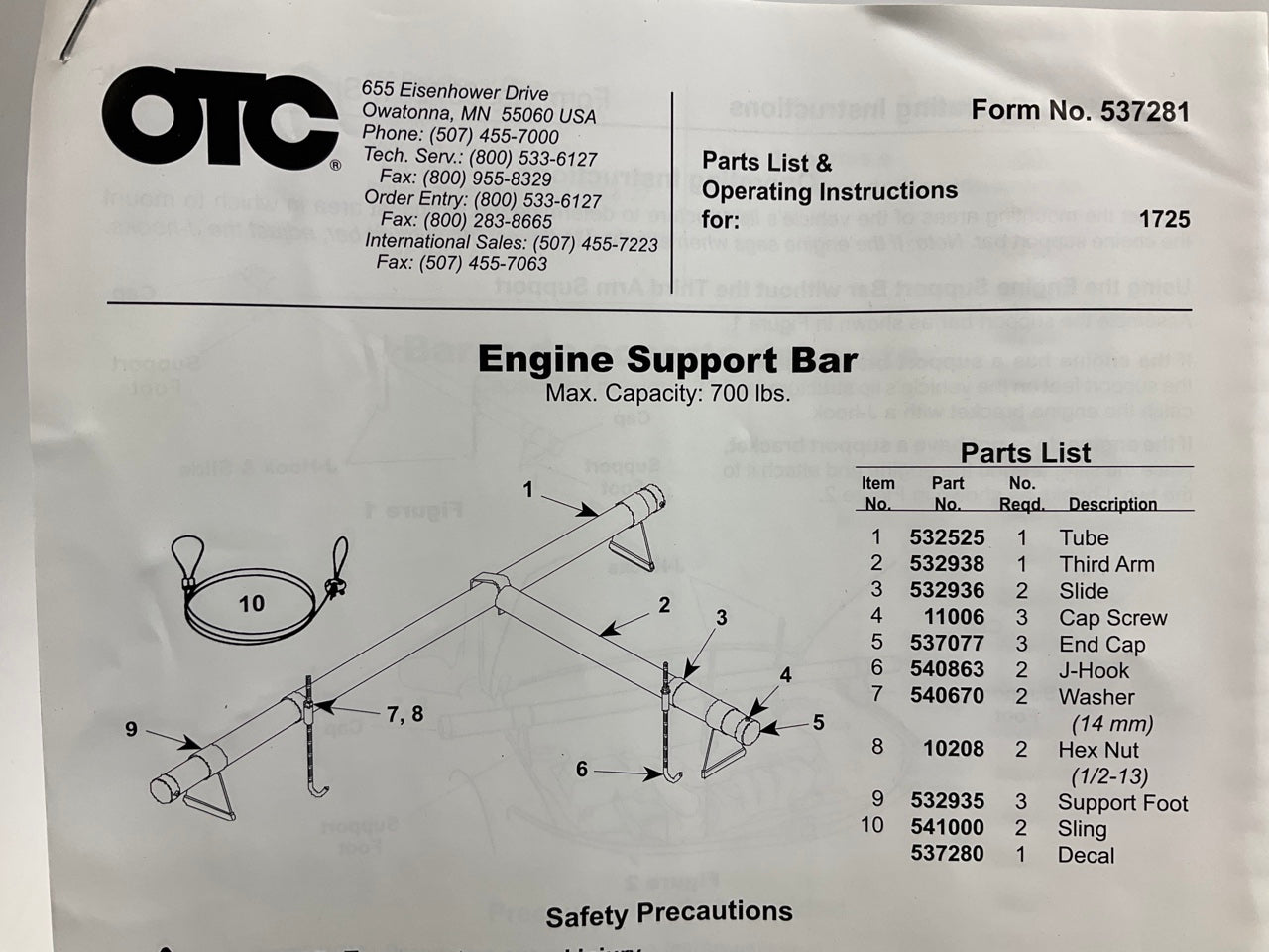 OTC Tools 1725 Three Point Engine Support Bar