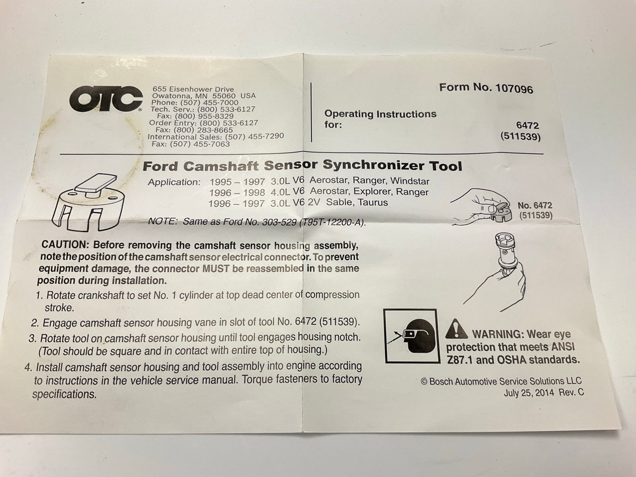 OTC 6472 Rotunda Ford 3.0L 4.0L Camshaft Sensor Synchronizer Positioning Tool