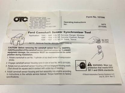 OTC 6472 Rotunda Ford 3.0L 4.0L Camshaft Sensor Synchronizer Positioning Tool